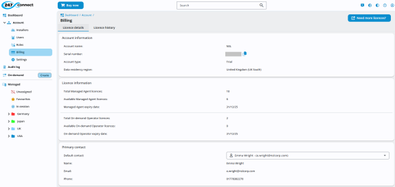 Billing page of 247connect showing account, licence and primary contact.  Sidebar shows Account > Billing is selected.
